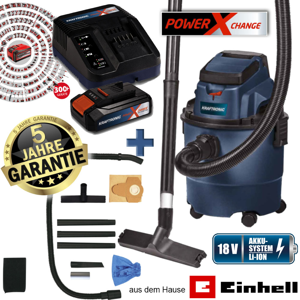 Made by Einhell - 2347146 - KT-NT 15 Li Kit Akku-Nass-Trockensauger inkl. 18 Volt / 2,5 Ah Akku, Ladegerät und Zubehör - 5 Jahre Garantie