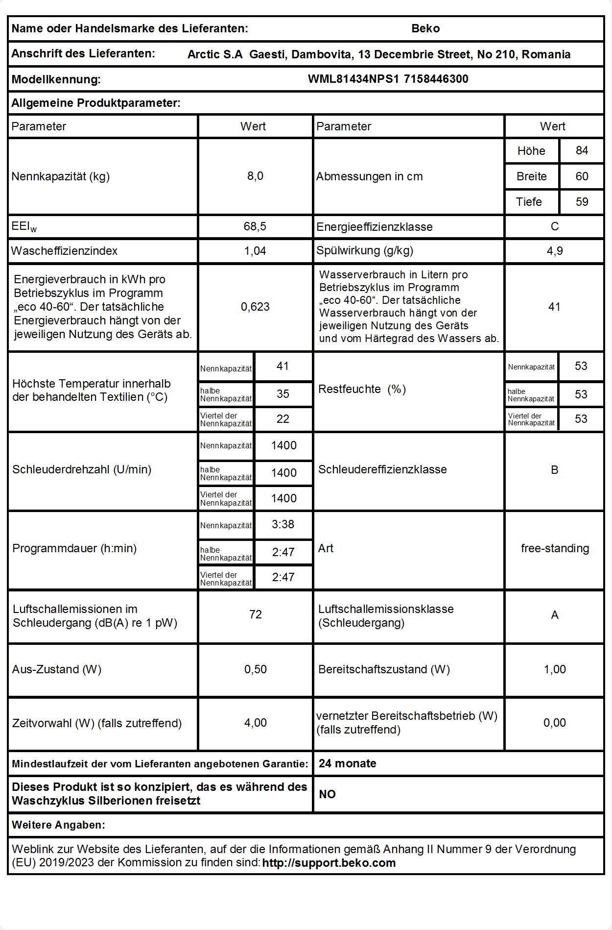 Beko WML 81434 NPS1 *C* Waschmaschine 8 kg 1400 U